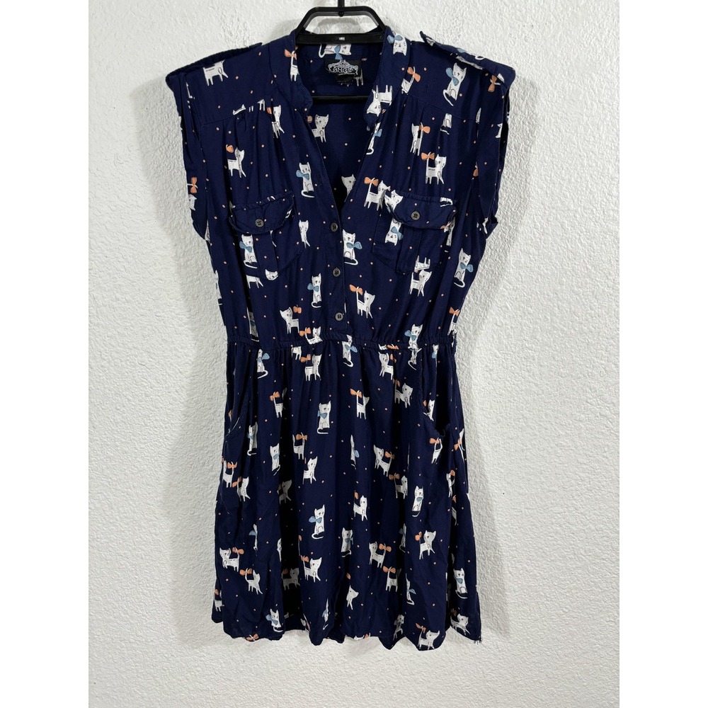 Vintage Angie Dress Womens Small Blue Cat Print Mini Short Sleeve‎ Y2K Rayon